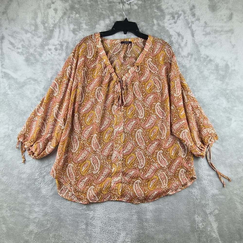 NYDJ Top Womens Large Brown Pink Paisley 3/4 Sleeve Blouse Sheer Boho Peasant